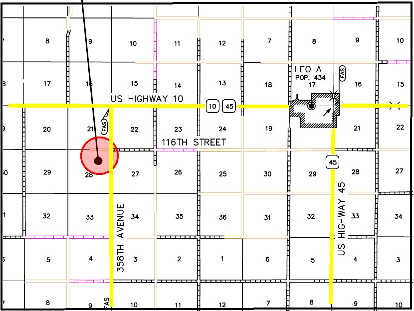 Vicinity map from the filed site plan: the site, circled, in Section 28 just south of U.S. Highway 10, west of Leola
